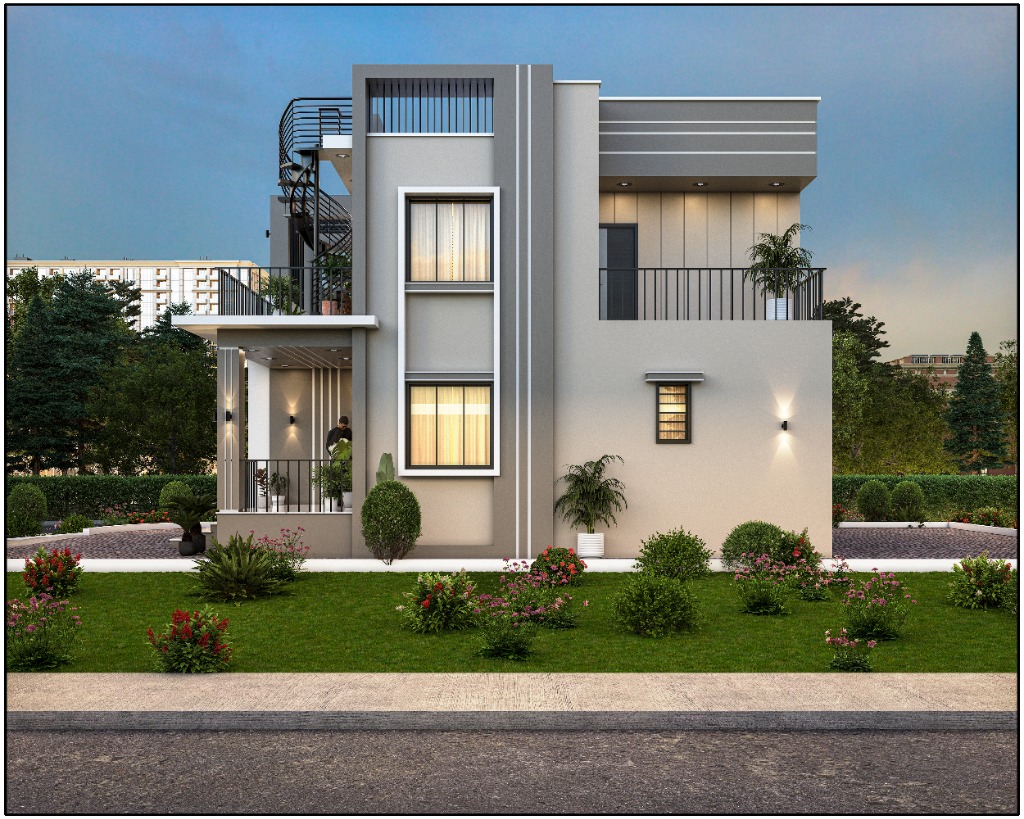 Modern Villa Side Lawn View